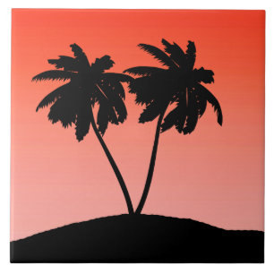 Palm Tree Silhouette on Sunset Orange Tile