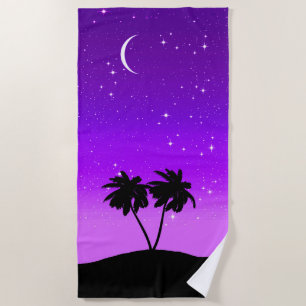 Palm Tree Silhouette on Twilight Purple Beach Towel