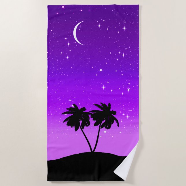 Palm Tree Silhouette on Twilight Purple Beach Towel (Front)