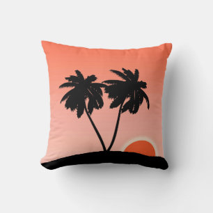 Palm Tree Silhouette, Sunset Orange Background Throw Pillow