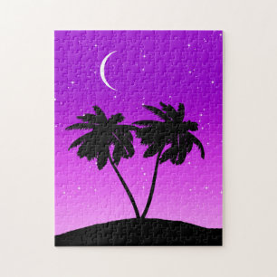 Palm Tree Silhouette, Twilight Purple with Stars Jigsaw Puzzle
