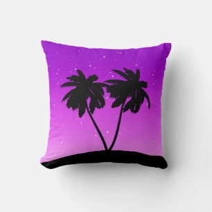 Palm Tree Silhouette, Twilight Purple with Stars Throw Pillow