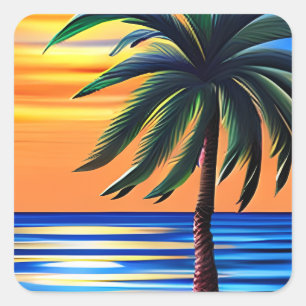 Palm Tree Silhouette with Sunset Ripples Square Sticker