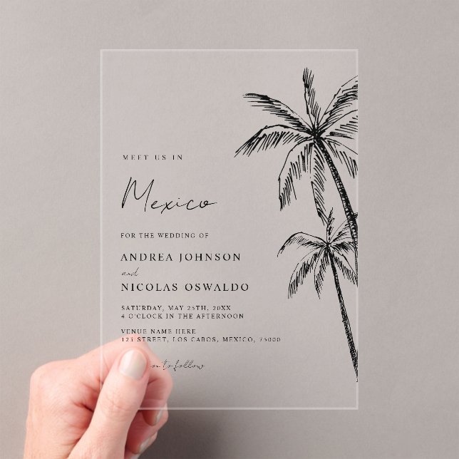 Palm Tree Sketch Travel Beach Destination Wedding Acrylic Invitations (Insitu (Handheld))