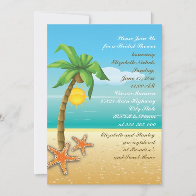 Palm tree & starfish beach wedding bridal shower invitation (Front)