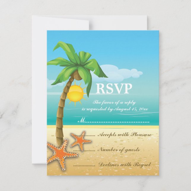 Palm tree & starfish beach wedding RSVP card (Front)