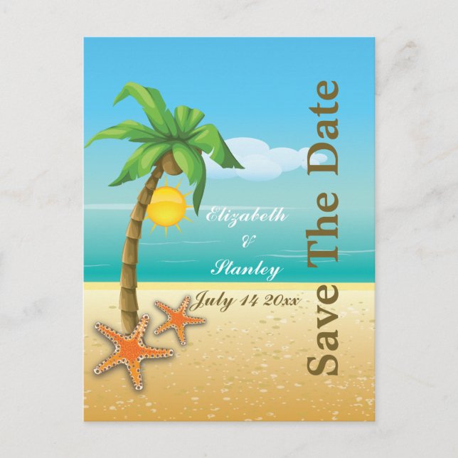 Palm tree & starfish beach wedding Save the Date Announcement Postcard (Front)