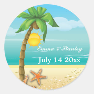 Palm tree & starfish beach wedding Save the Date Classic Round Sticker