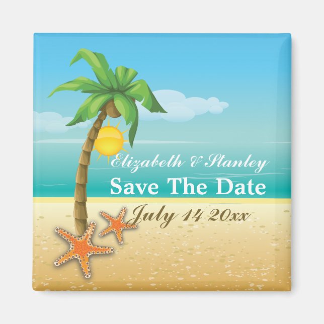 Palm tree & starfish beach wedding Save the Date Magnet (Front)