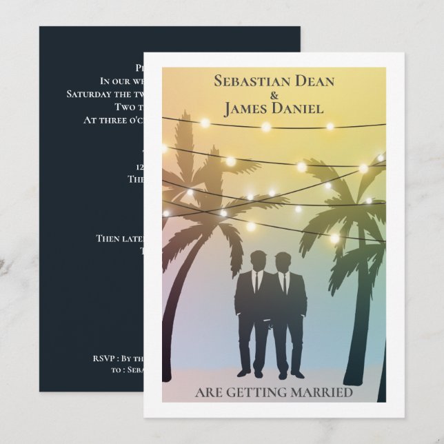 Palm Tree String Lights Two Groom Gay Wedding Invitation (Front/Back)
