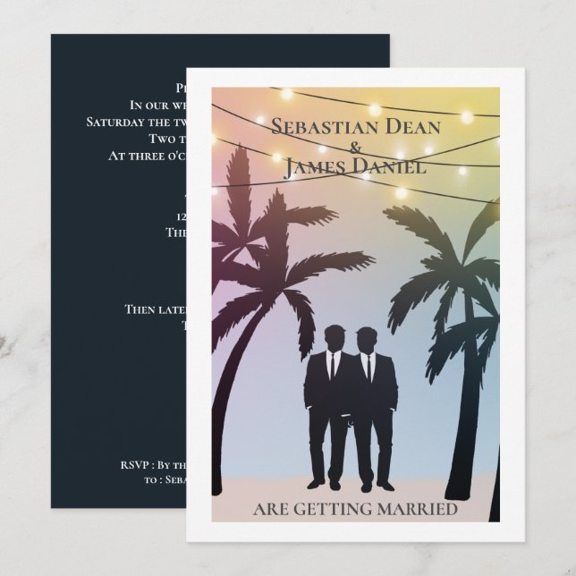 Palm Tree String Lights Two Groom Gay Wedding Invitation (Front/Back)