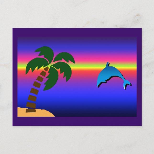 Palm Tree Sunset and Dolphin Postcard (Front)