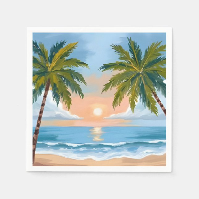 Palm Tree Sunset | Tropical Beach Wedding Napkin (Front)