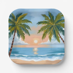Palm Tree Sunset   Tropical Beach Wedding Paper Plate