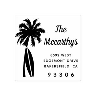 Palm Tree Surfboard Family Name Return Address Rubber Stamp