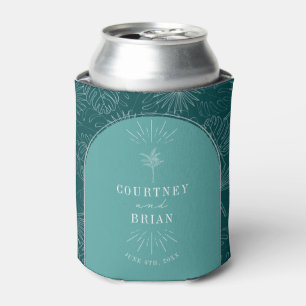 Palm Tree Teal Beach Wedding  Can Cooler