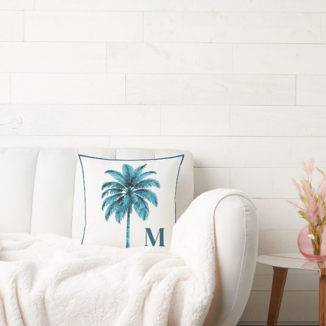  Palm Tree Tropical Blue Elegant Monogram Throw Pillow (Couch)