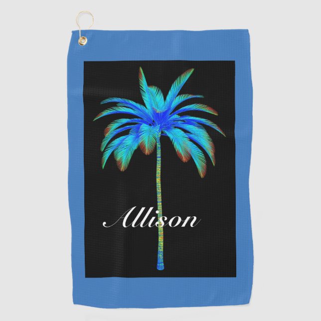 Palm Tree Tropical Colourful Blue Personalized Golf Towel (Front)