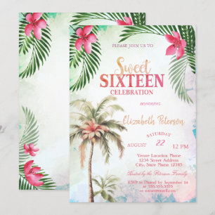 Palm Tree Tropical Flowers Summer Sweet 16 Party Invitation