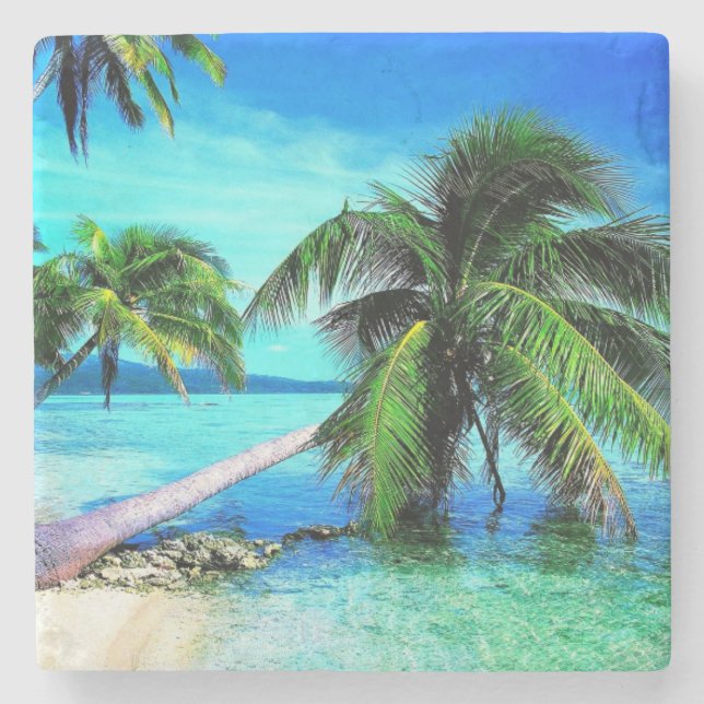 Palm Tree Tropical Island Beach Stone Coaster (Front)