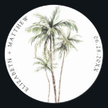 Palm Tree Tropical | Minimal Wedding Classic Round Sticker<br><div class="desc">Sandy beaches and warm breezes are what this design is all about. Celebrate your tropical wedding theme with our simple,  minimal palm tree design. This design is fully customizable and colours can be swapped to your liking.</div>