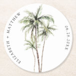 Palm Tree Tropical | Minimal Wedding Round Paper Coaster<br><div class="desc">Sandy beaches and warm breezes are what this design is all about. Celebrate your tropical wedding theme with our simple,  minimal palm tree design. This design is fully customizable and colours can be swapped to your liking.</div>