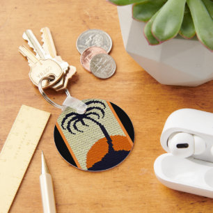 Palm Tree Tropical Sun Black Orange Crochet Print Keychain