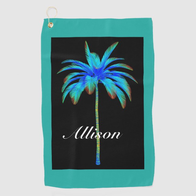 Palm Tree Tropical Turquoise Personalized Golf Towel (Front)