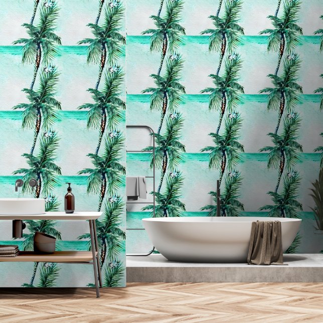 Palm tree turquoise ocean coastal seamless pattern wallpaper (Bathroom)