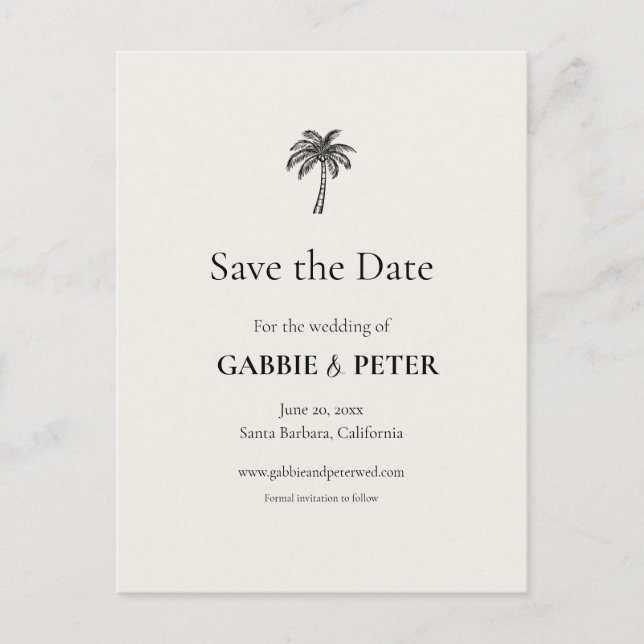 Palm Tree Typography Clean Elegant Save the Date Postcard (Front)