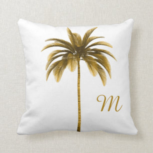 Palm Tree Vintage Brown Tropical Elegant Monogram Throw Pillow