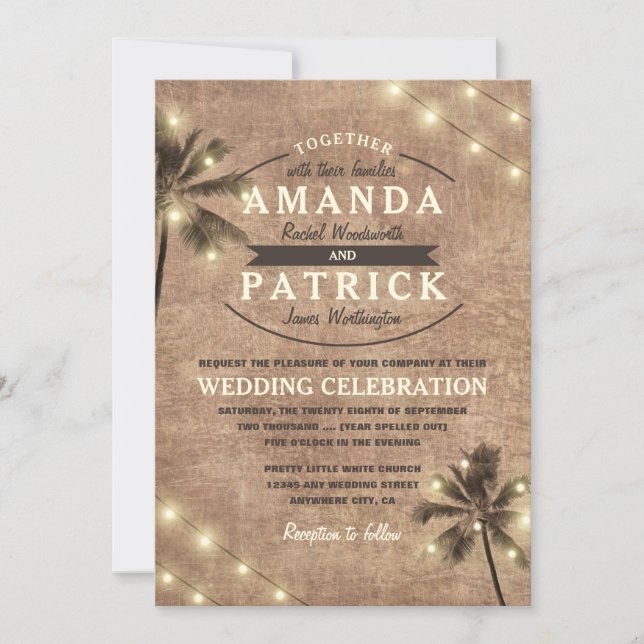 Palm Tree Vintage Lights Beach Wedding Invitations (Front)
