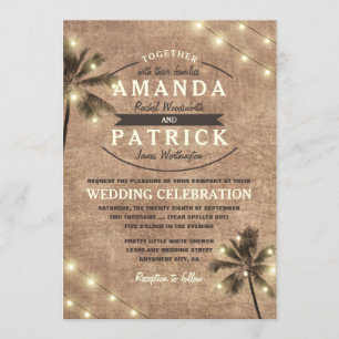 Palm Tree Vintage Lights Plage Mariage Invitations