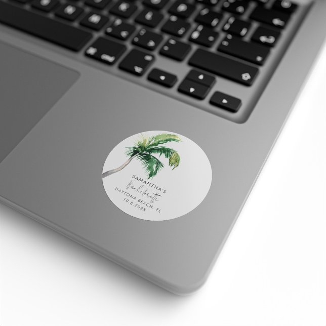 Palm Tree Watercolor Personalized Bachelorette Classic Round Sticker (Palm Tree Coastal Bachelorette Party Classic Round Stickers)