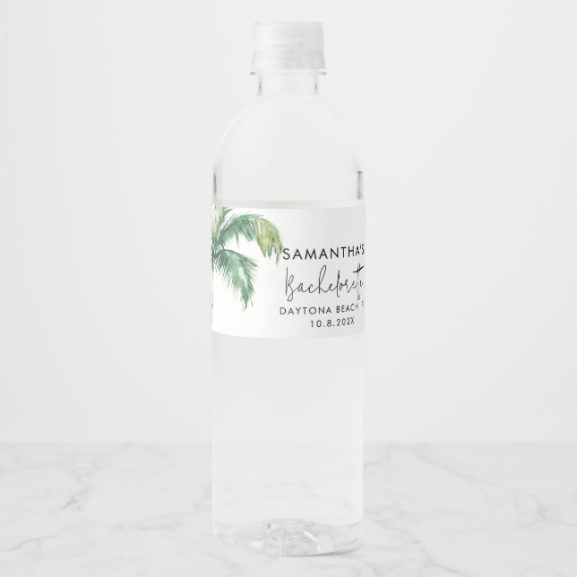 Palm Tree Watercolor Personalized Bachelorette Water Bottle Label (Front)