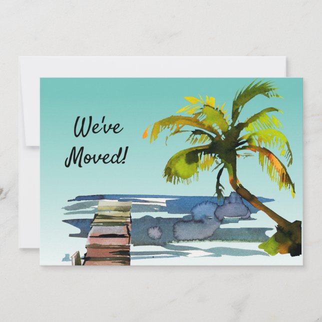 Palm Tree Waterfront Dock Aqua New Home Moving Announcement (Front)