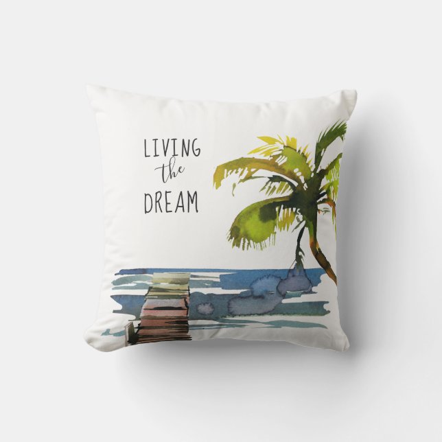 Palm Tree Waterfront Living the Dream Tropical Outdoor Pillow (Front)