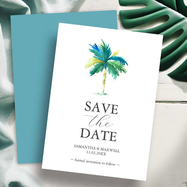 Palm Tree Wedding Enregistrer La Date Invitation C (Watercolor palm tree save the date wedding invitation art by Victoria Grigaliunas Do Tell A Belle)