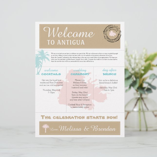 Palm Tree Wedding Welcome Letter for Antigua (Standing Front)