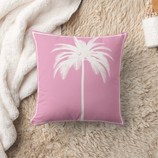 Palm Tree  White Border Pink Tropical Elegant   Throw Pillow (Blanket)