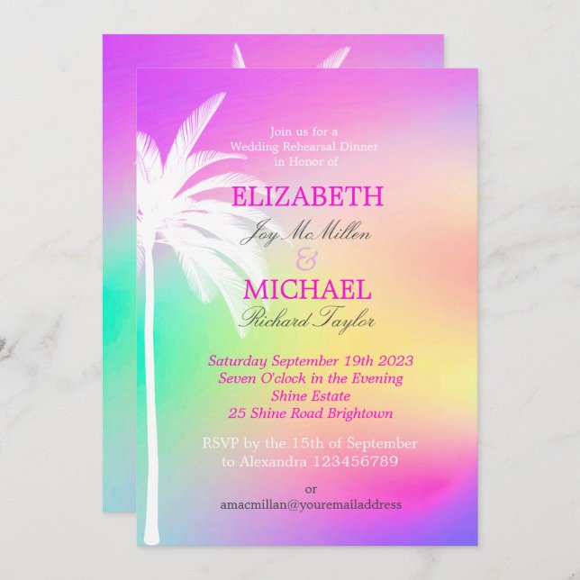 Palm Tree White Colourful Modern Wedding Rehersal  Invitation (Front/Back)