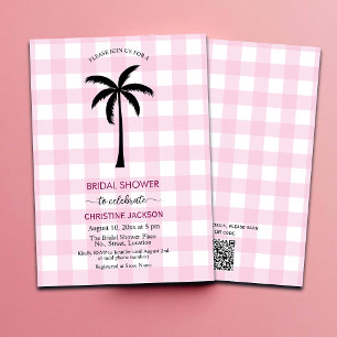 Palm Tree White Pink Checkered QR Code Bridal  Invitation