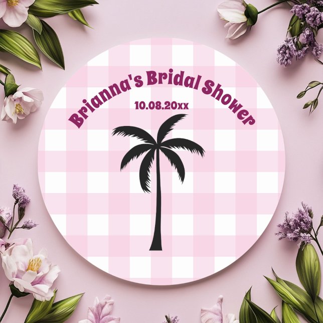 Palm Tree White Pink Chequered Bridal Shower Classic Round Sticker (Creator Uploaded)