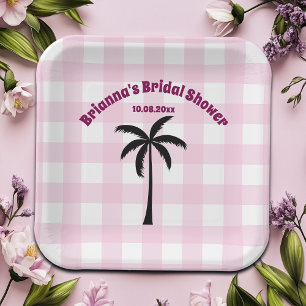 Palm Tree White Pink Chequered Bridal Shower Paper Plate
