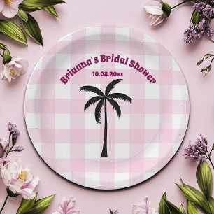 Palm Tree White Pink Chequered Bridal Shower Paper Plate