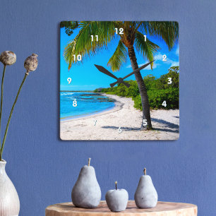 Palm Tree White Sand Hawaii Tropical Beach Photo Square Wall Clock