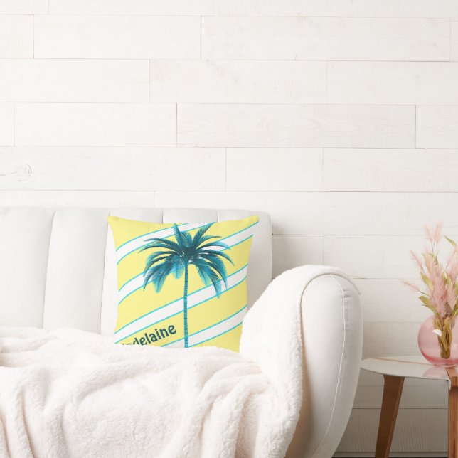 Palm Tree Yellow Blue Stripe Personal Throw Pillow (Couch)