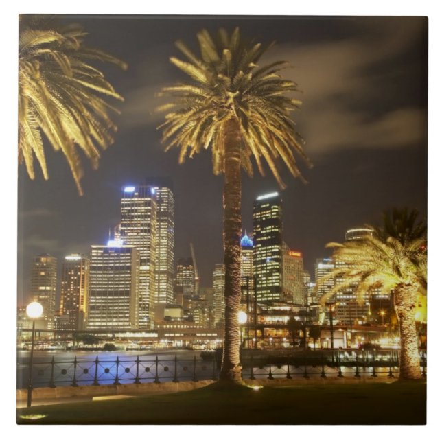 Palm Trees and CBD at Night, Sydney, New South Tile (Front)