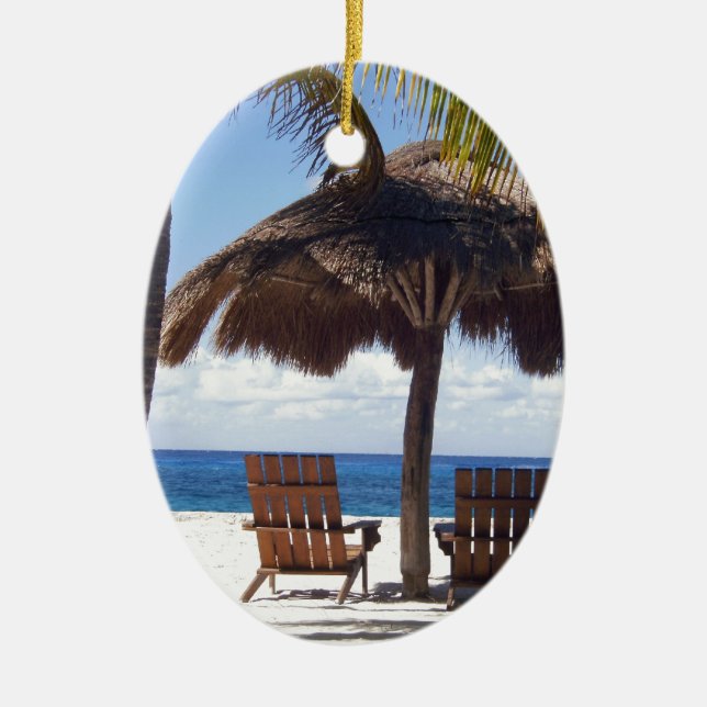 Palm Trees and chairs Mexico Beach Ceramic Ornament (Front)