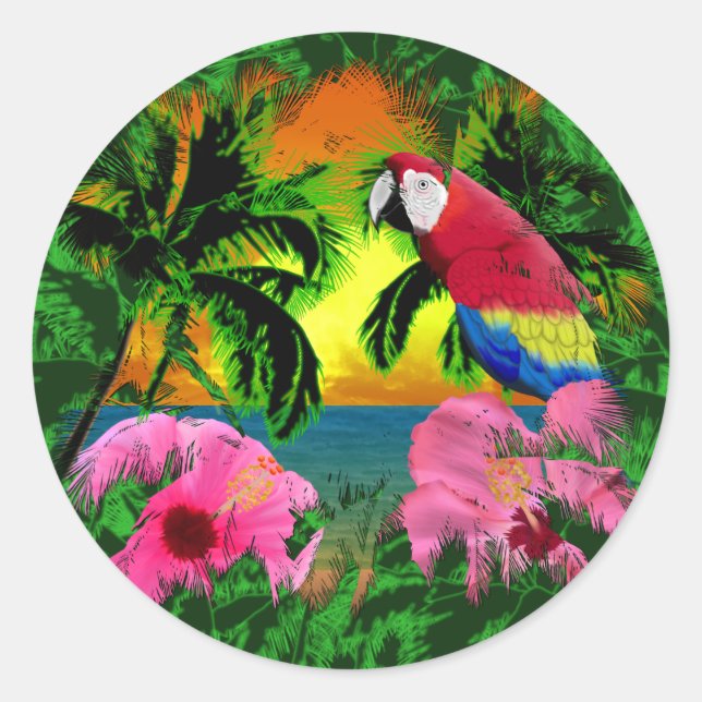 Palm Trees And Island Sunsets Classic Round Sticker (Front)